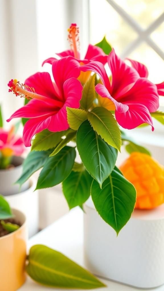 Tropical Hibiscus With Monstera Leaf Accents