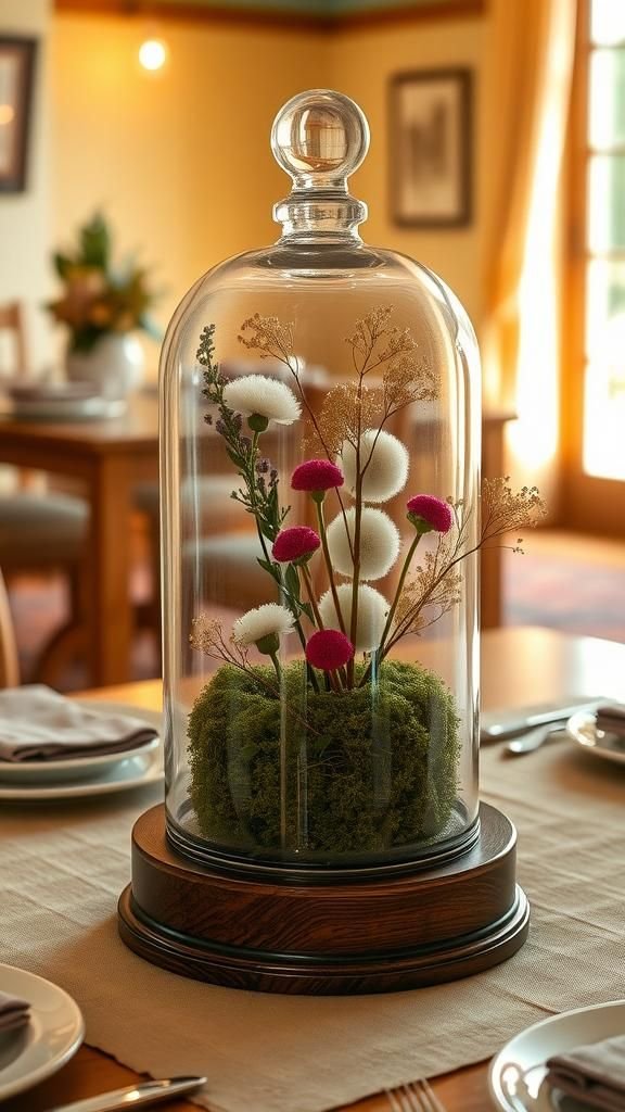 Cloche Dome Floral Table Centerpiece With Moss Bed
