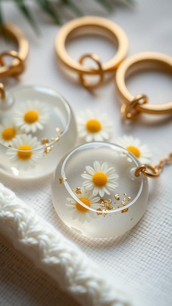 Floral Resin Keychains with Gold Flakes