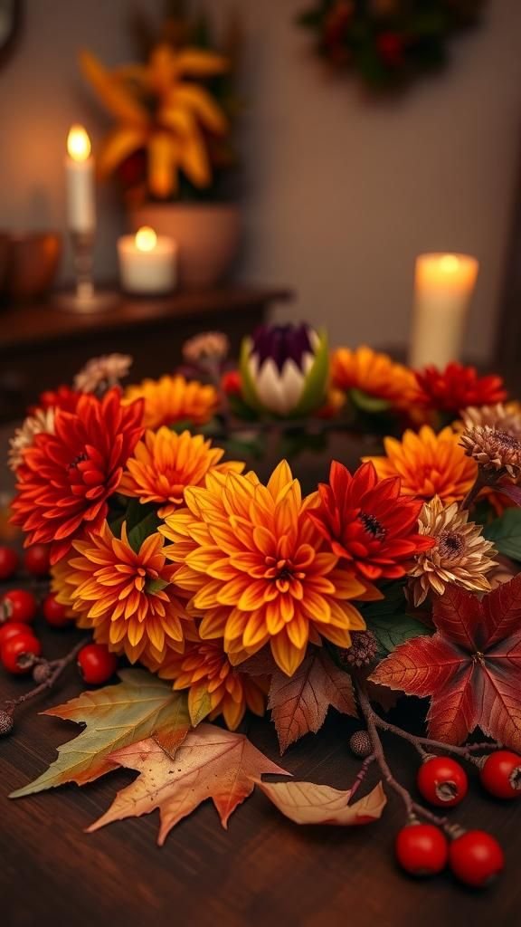 Autumn Foliage And Chrysanthemum Crown With Warm Hues