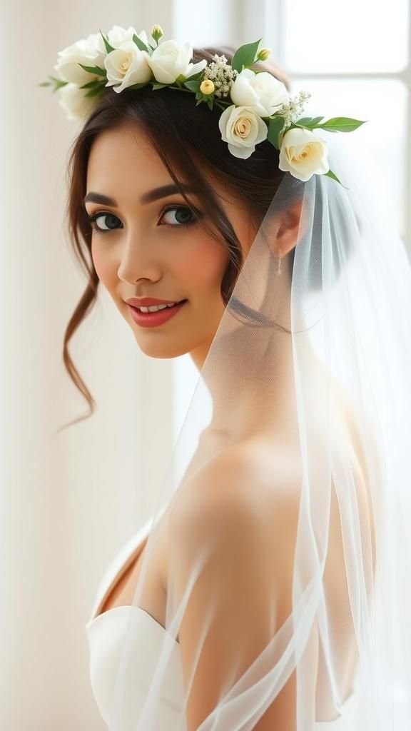 Bridal All-White Classic Flower Crown With Veil