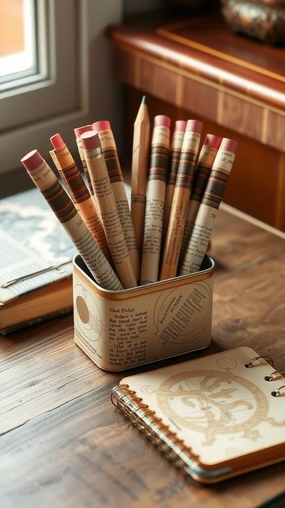 Book Page Wrapped Pencils And Tin Holder