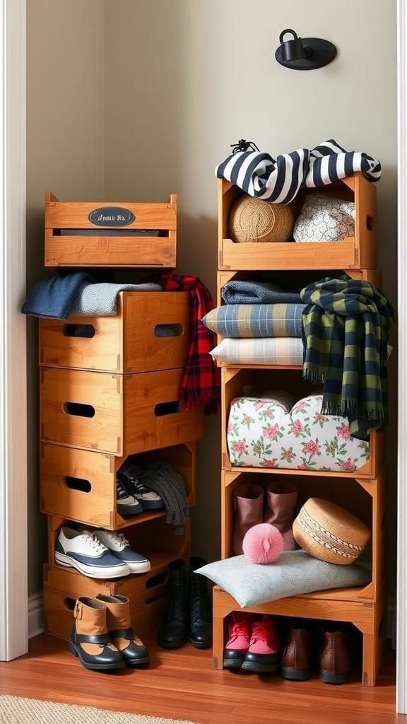 Fabric-Lined Wooden Crates For Entryway Storage