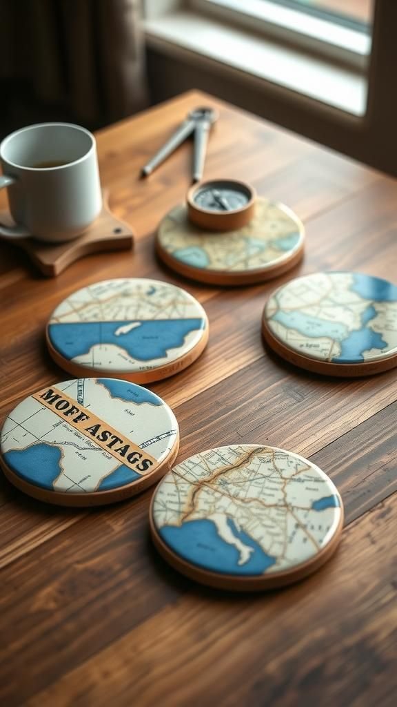 Old Map Tile Coasters With Cork Backing