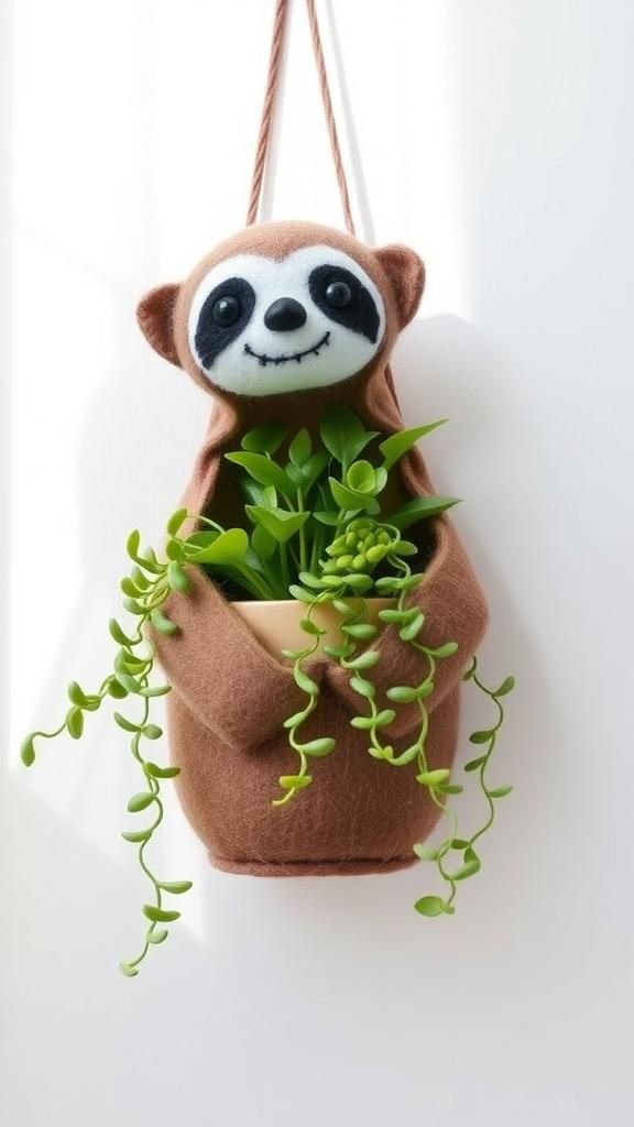 Hanging Sloth Planter Sleeve With Leaves
