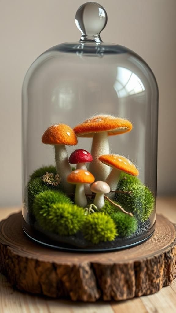 Mushroom Terrarium Scene Under Glass Dome