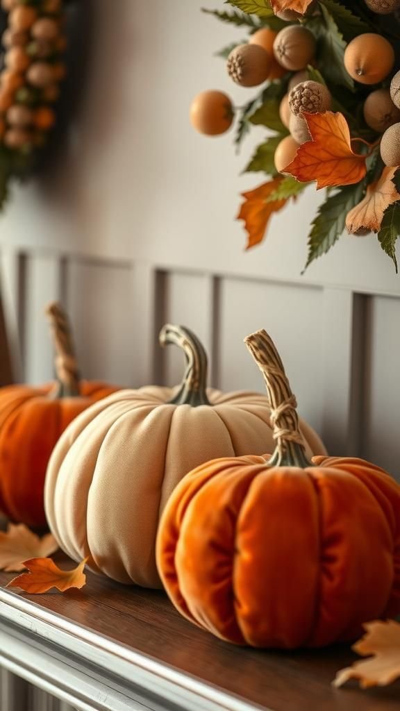Plush Fabric Pumpkins With Twine Stems And Charms
