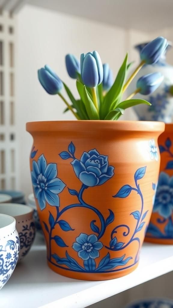 Delft Blue Floral Scrolls On Terracotta