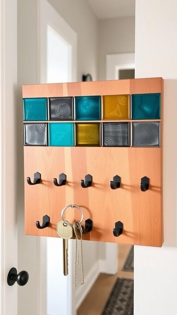 Entryway Key Holder Board With Inked Tiles