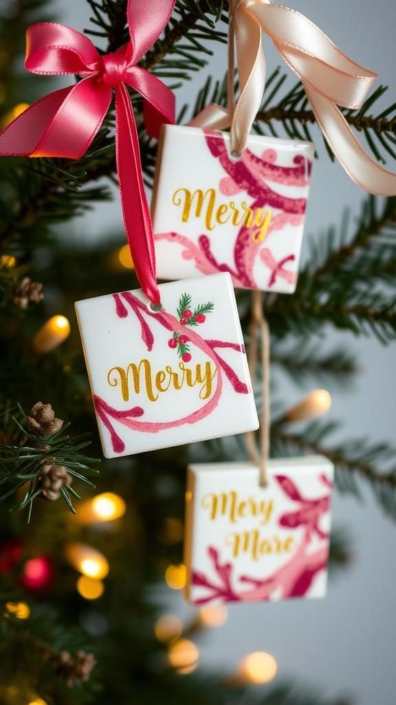Holiday Ornament Tiles With Sparkling Metallic Script
