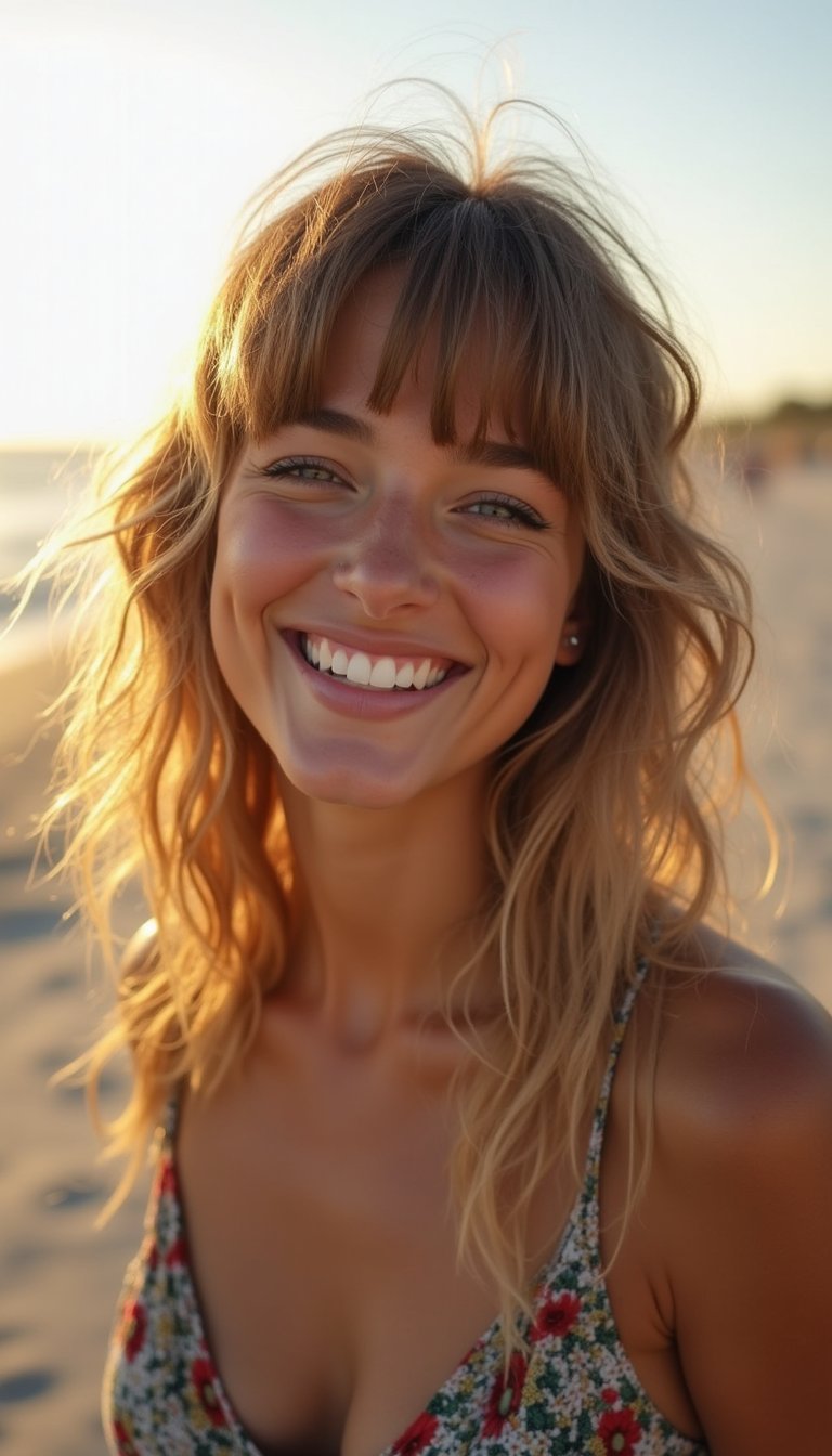 Boho Waves With Feathered Bottleneck Bangs