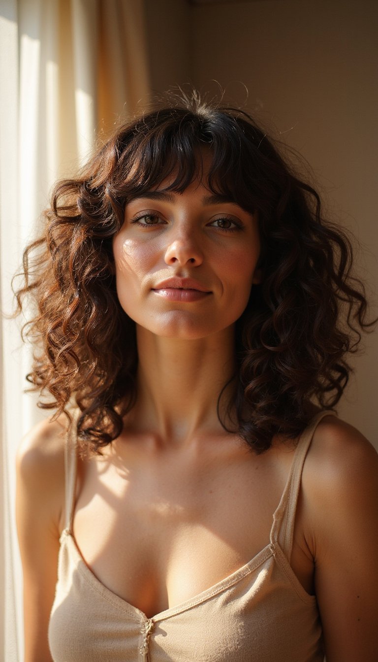 Curly Bottleneck Bangs With Soft Shoulder Length