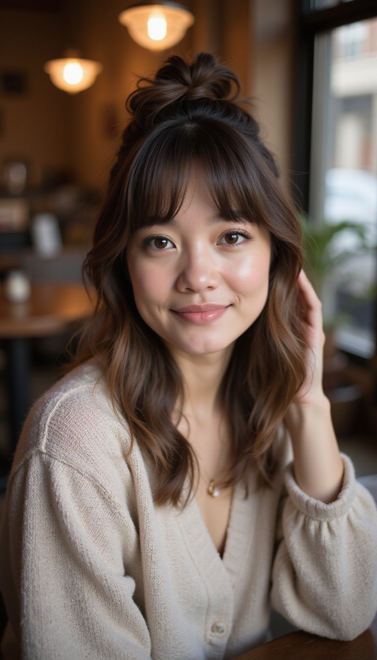 Half-Up Knot With Layered Bottleneck Bangs