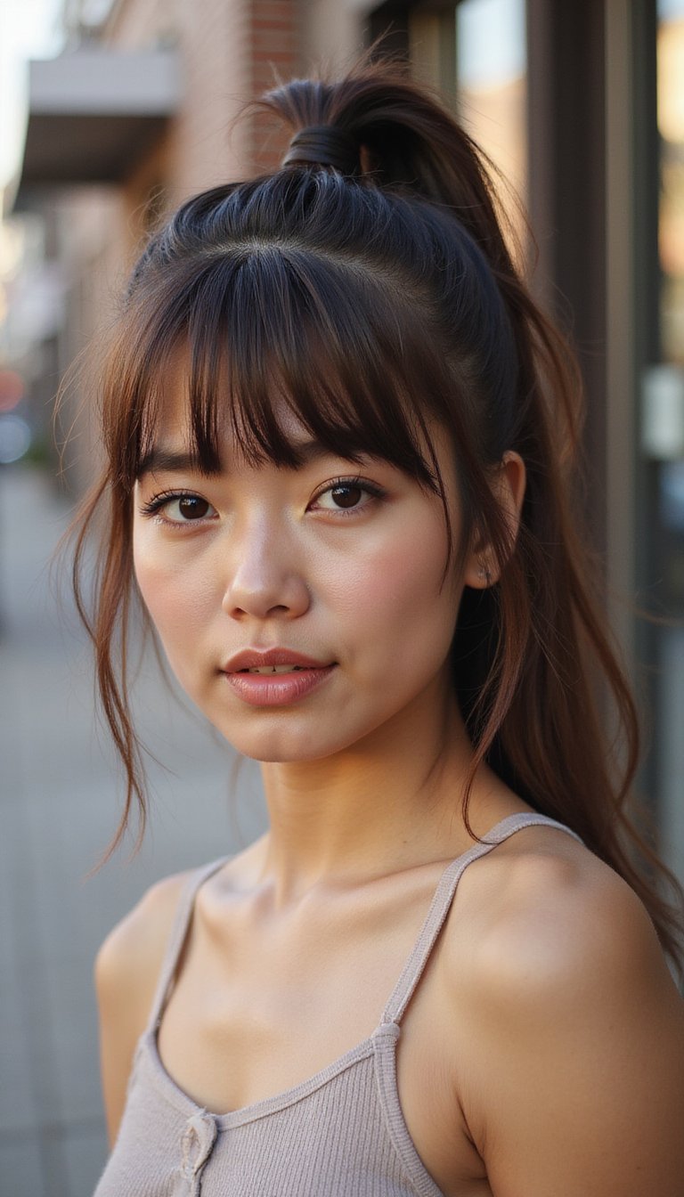 High Ponytail With Curtain Bottleneck Bangs