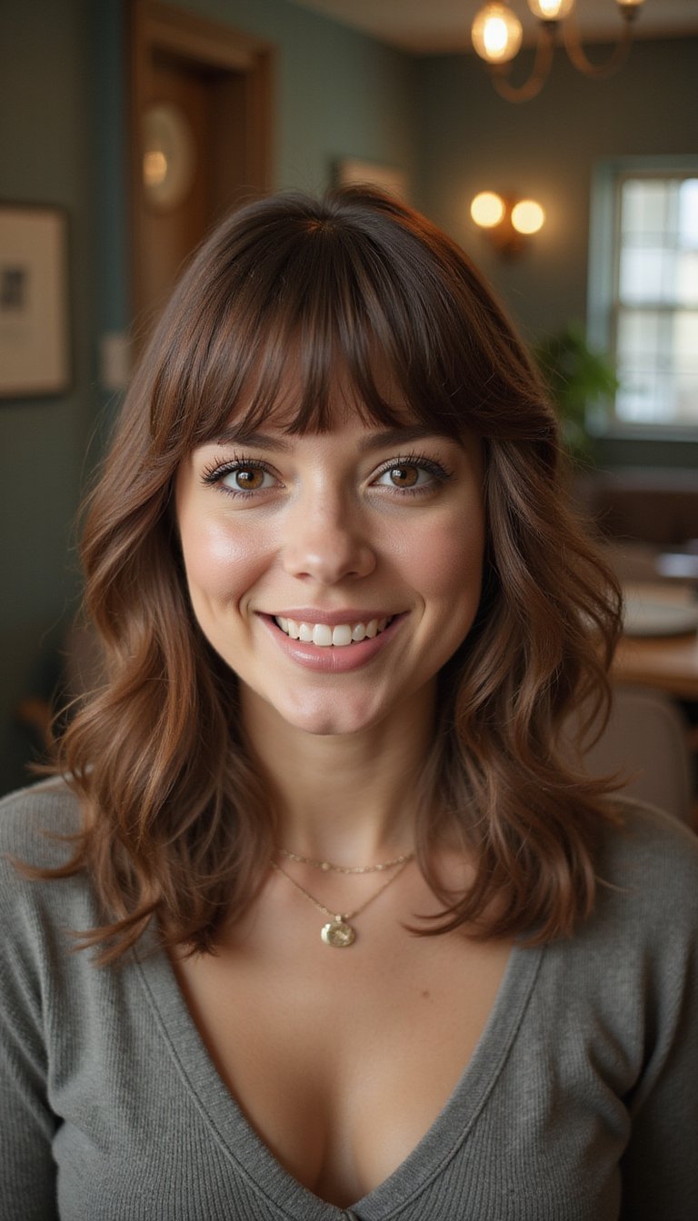 Retro Bouncy Blowout With Curtain Bangs Appeal