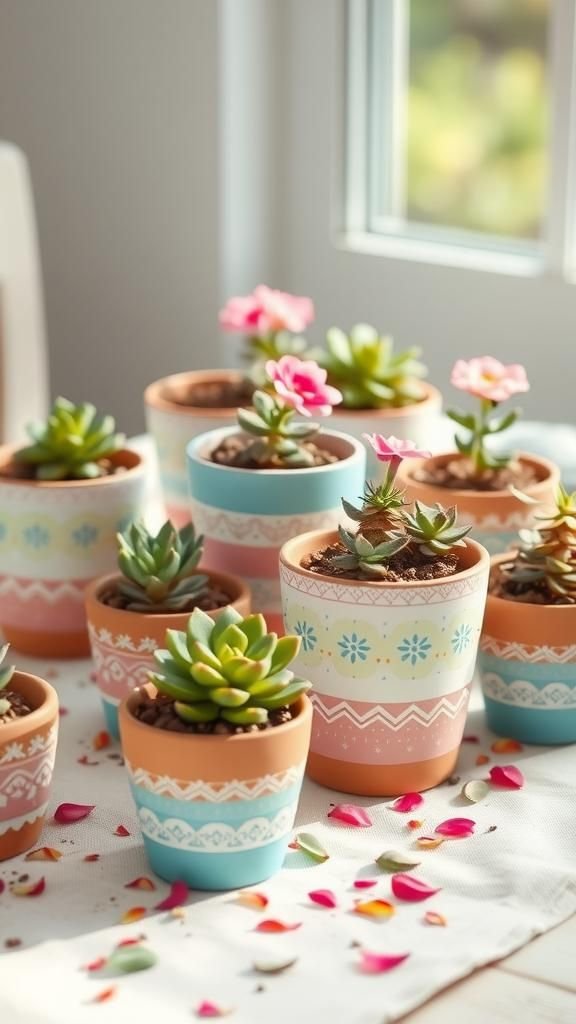 Hand-Painted Terracotta Flower Pots In Pastel Patterns