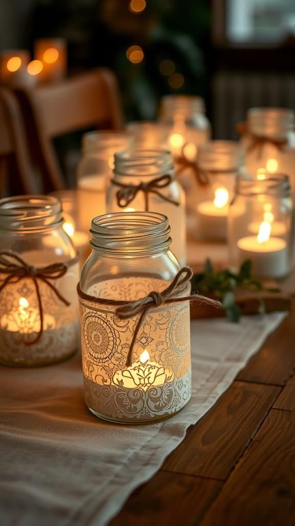 Lace-Wrapped Mason Jar Centerpieces With Tea Lights