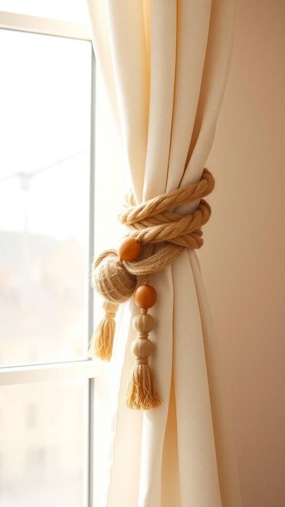 Burlap Curtain Tiebacks With Wood Beads