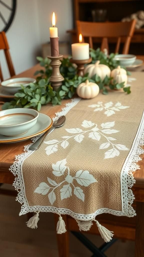 Farmhouse Burlap Table Runner With Lace Trim