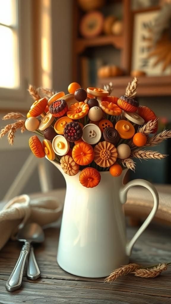 Autumn Harvest Tones Button Bouquet In Pitcher