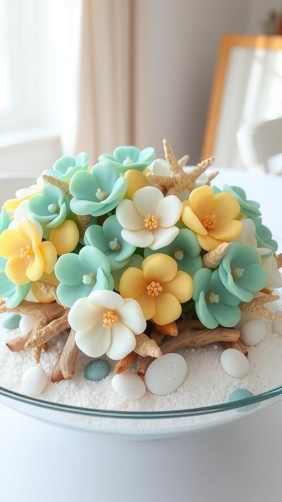 Coastal Sea Glass And Button Bouquet Centerpiece