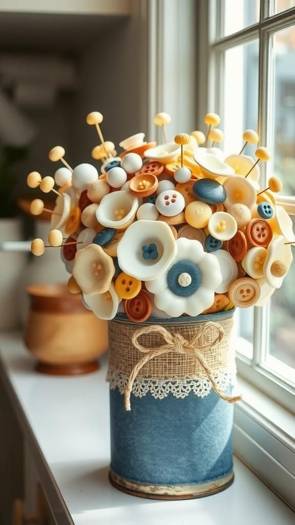 Farmhouse Burlap-Wrapped Button Bouquet In Tin Can
