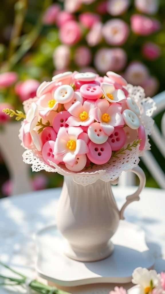 Garden Tea Party Button Blooms With Doily Collar