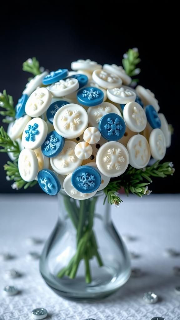 Holiday Winter Snowflake Button Arrangement With Pine