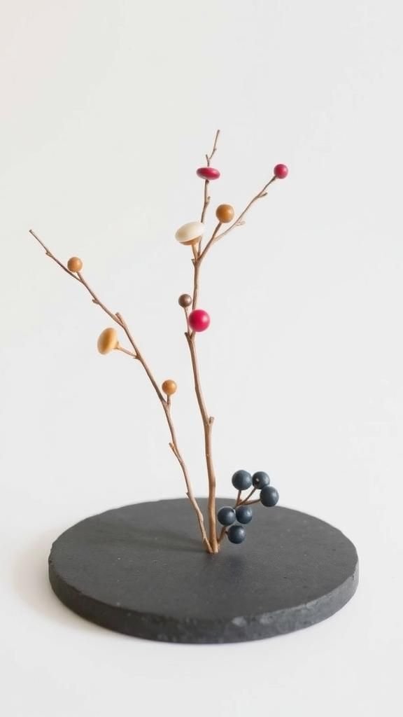 Minimalist Ikebana-Style Button Stems On Slate Base