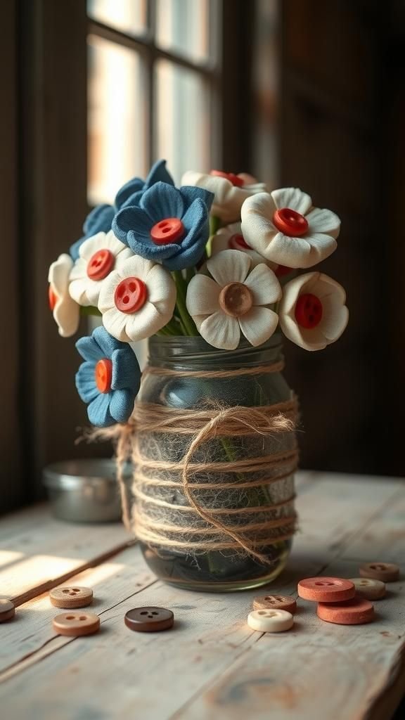 Rustic Mason Jar Button Stems With Twine Wrap
