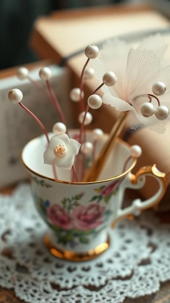 Vintage Teacup Button Posy With Lace Accents