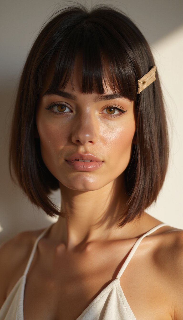 Sleek Blunt Bob With Single Bold Barrette Clip