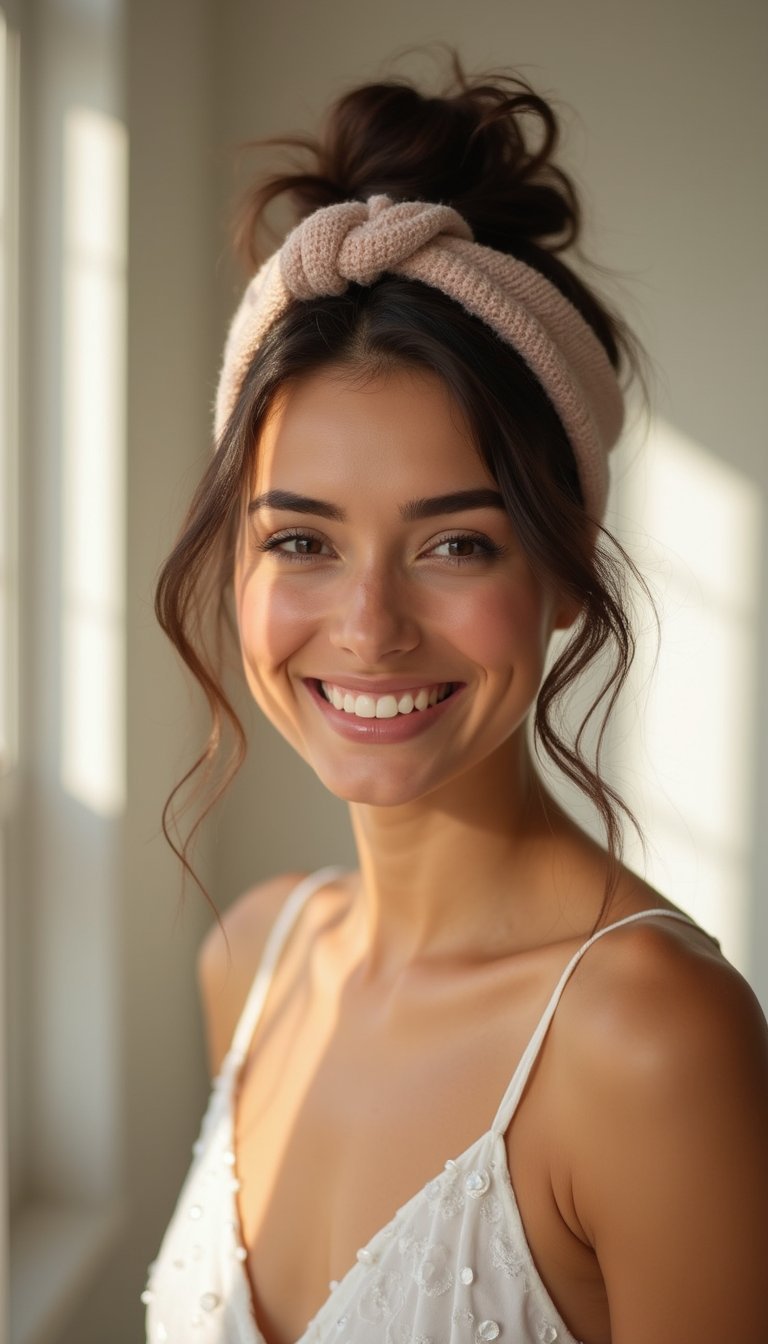 Low Messy Bun Paired With Thick Knotted Headband