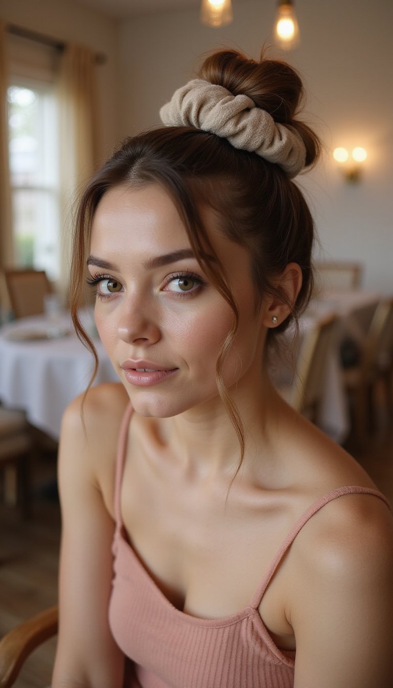 Low Twisted Bun With Neutral Scrunchie Wrap