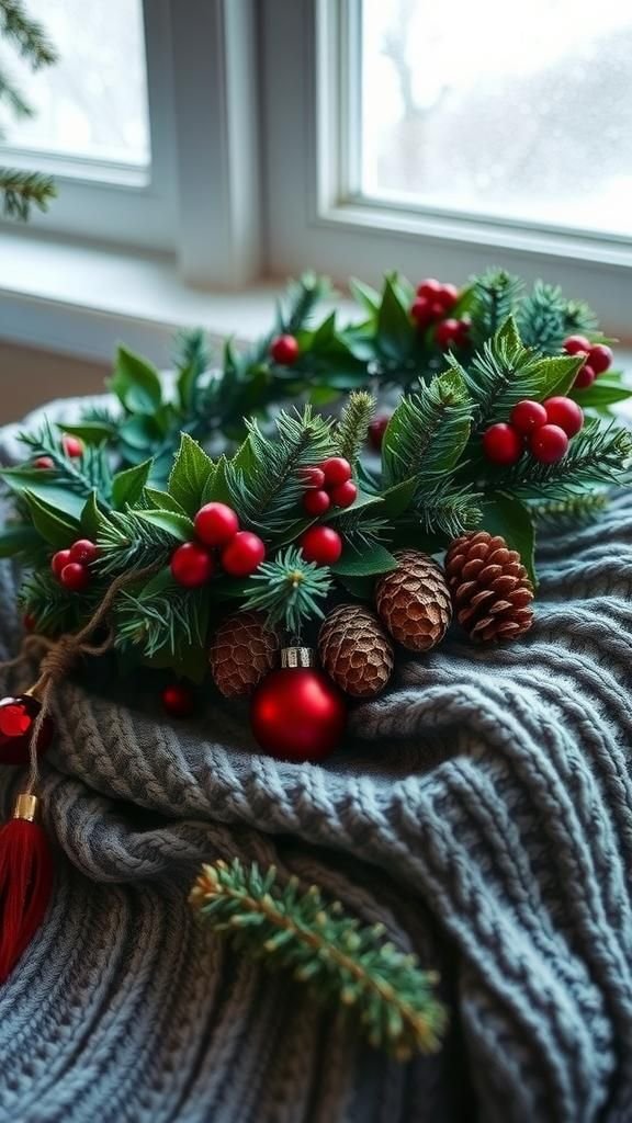 Winter Evergreen Crown With Pinecones And Ribbons