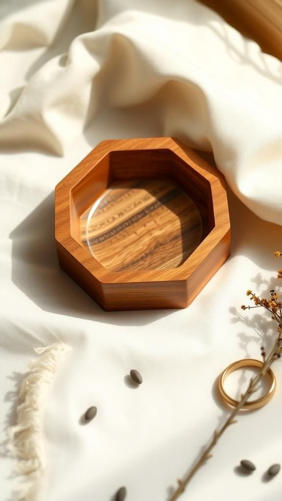 Wooden Hexagon Dish With Burned Linework