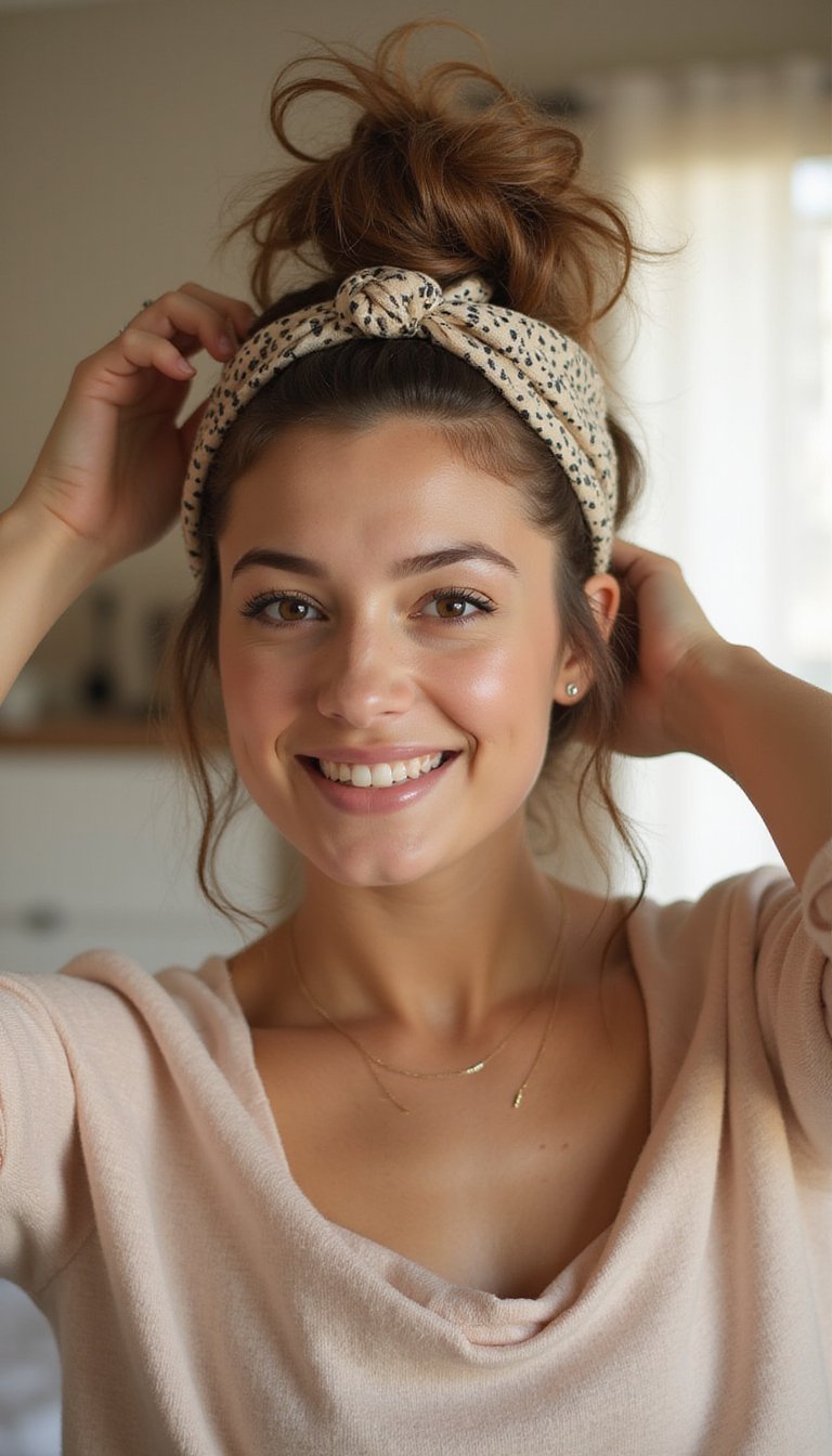 Messy Top Knot With Wide Fabric Headband