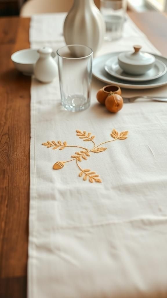 Linen Table Runner With Acorn Embroidery