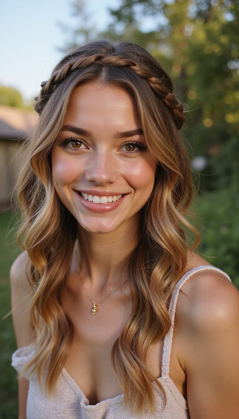 Sun-Kissed Halo Goddess Braids With Tendrils