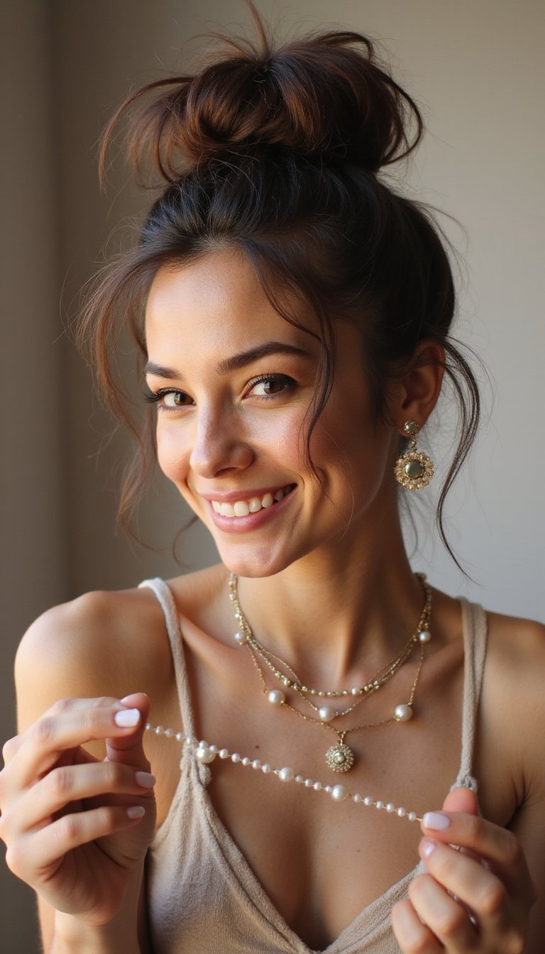 Messy Top Knot With Pearl Pins Scattered