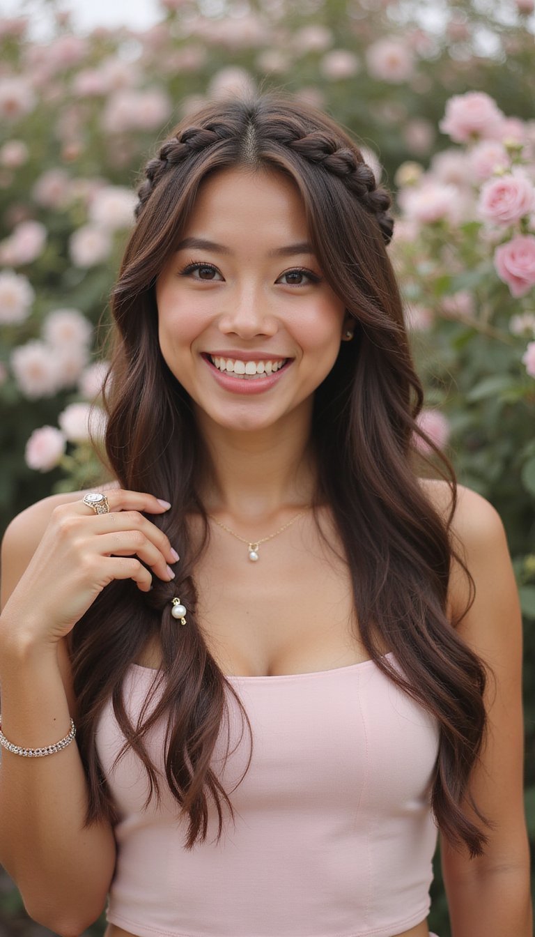 Waterfall Braid With Pearl Drops Along Flow