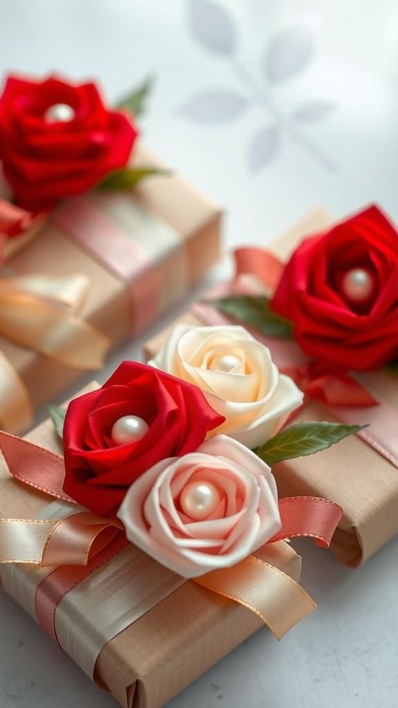 Ribbon Rose Gift Toppers With Pearl Accents