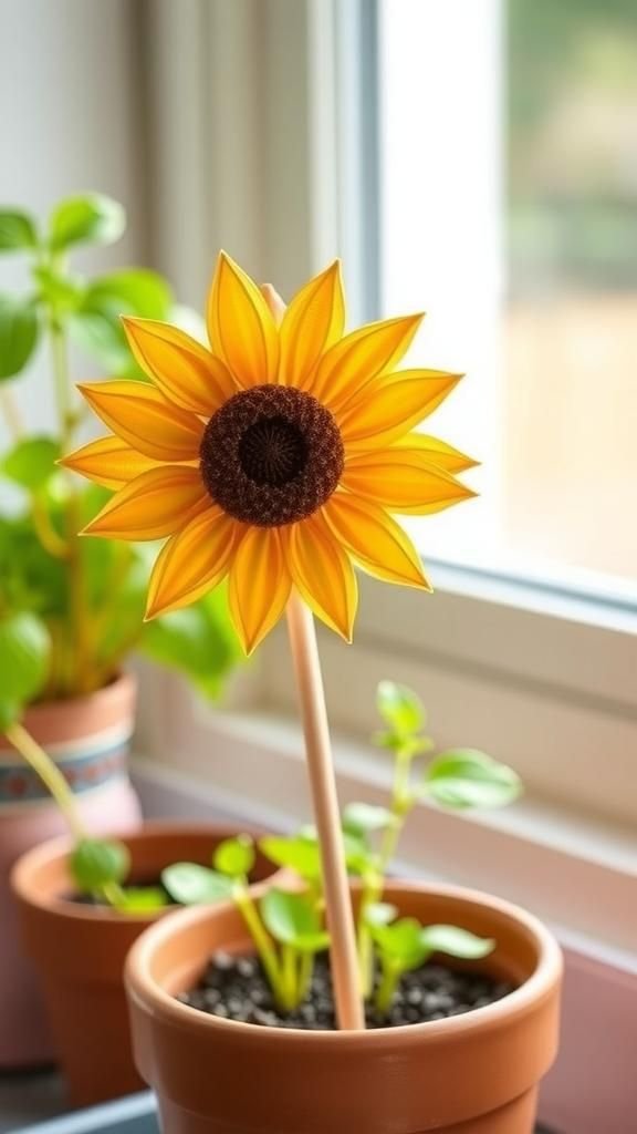 Sunny Sunflower Pot Accent On Wooden Stick