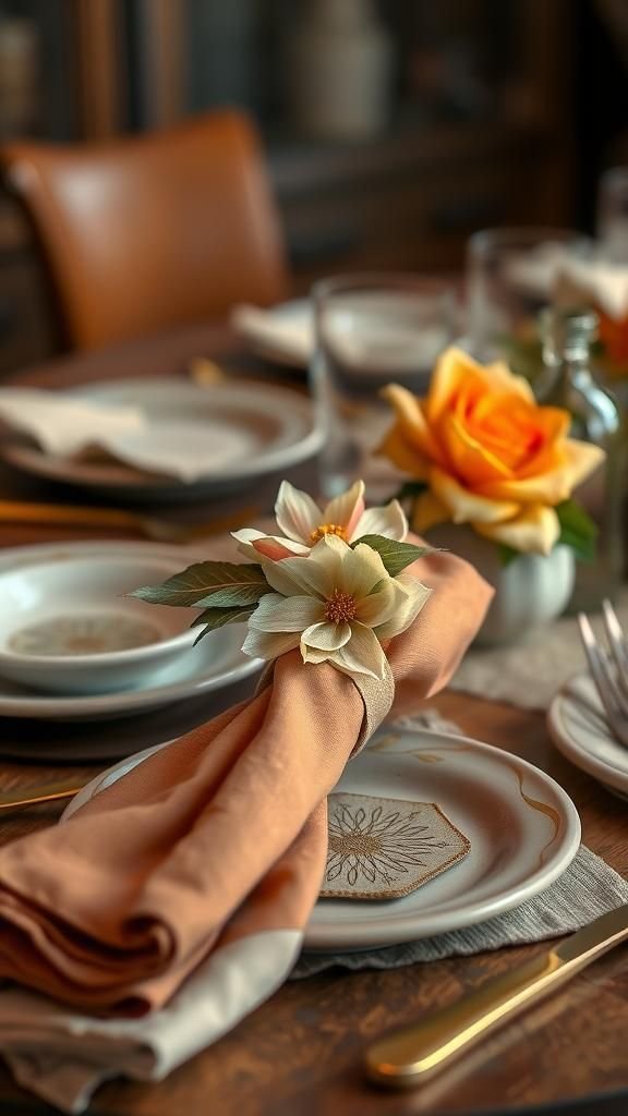 Textile Napkin Rings With Floral Focal Point
