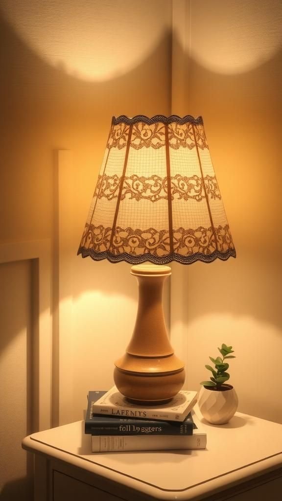 Lacy Lampshade Overlay Casting Filigree Shadows At Night