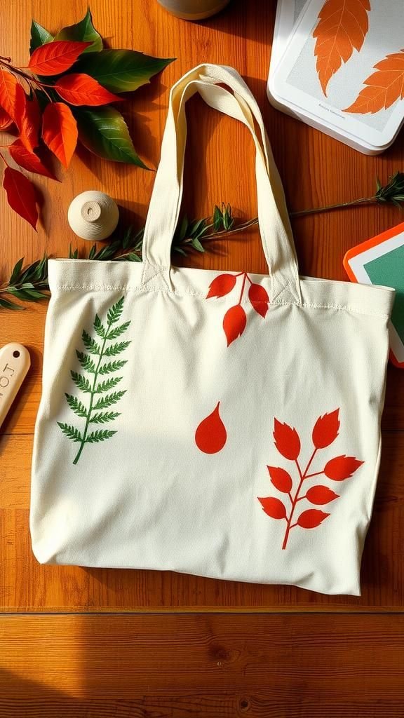 Botanical Leaf Prints On Natural Linen Tote Bags