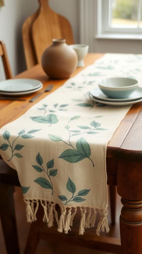 Leaf Print Table Runner In Soft Earthy Tones