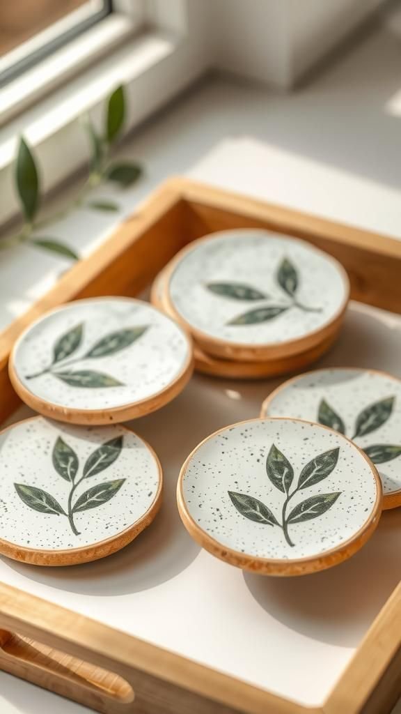 Leaf Printed Ceramic Coasters With Subtle Speckle Glaze