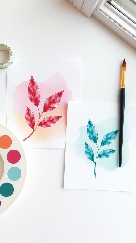 Watercolor Leaf Monoprints With Gentle Gradient Backgrounds