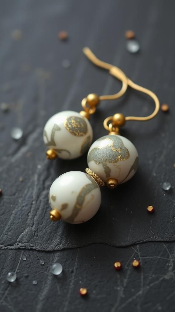 Marbled Paper Bead Dangle Earrings With Resin Shine